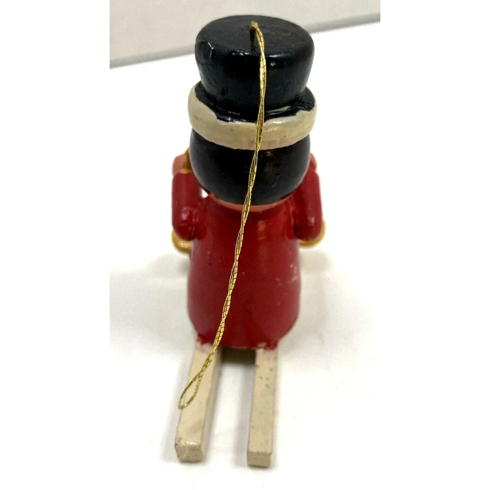 Vintage Wood Gnome Elf On Wooden Skis Christmas Ornament 3‎ inch 1985